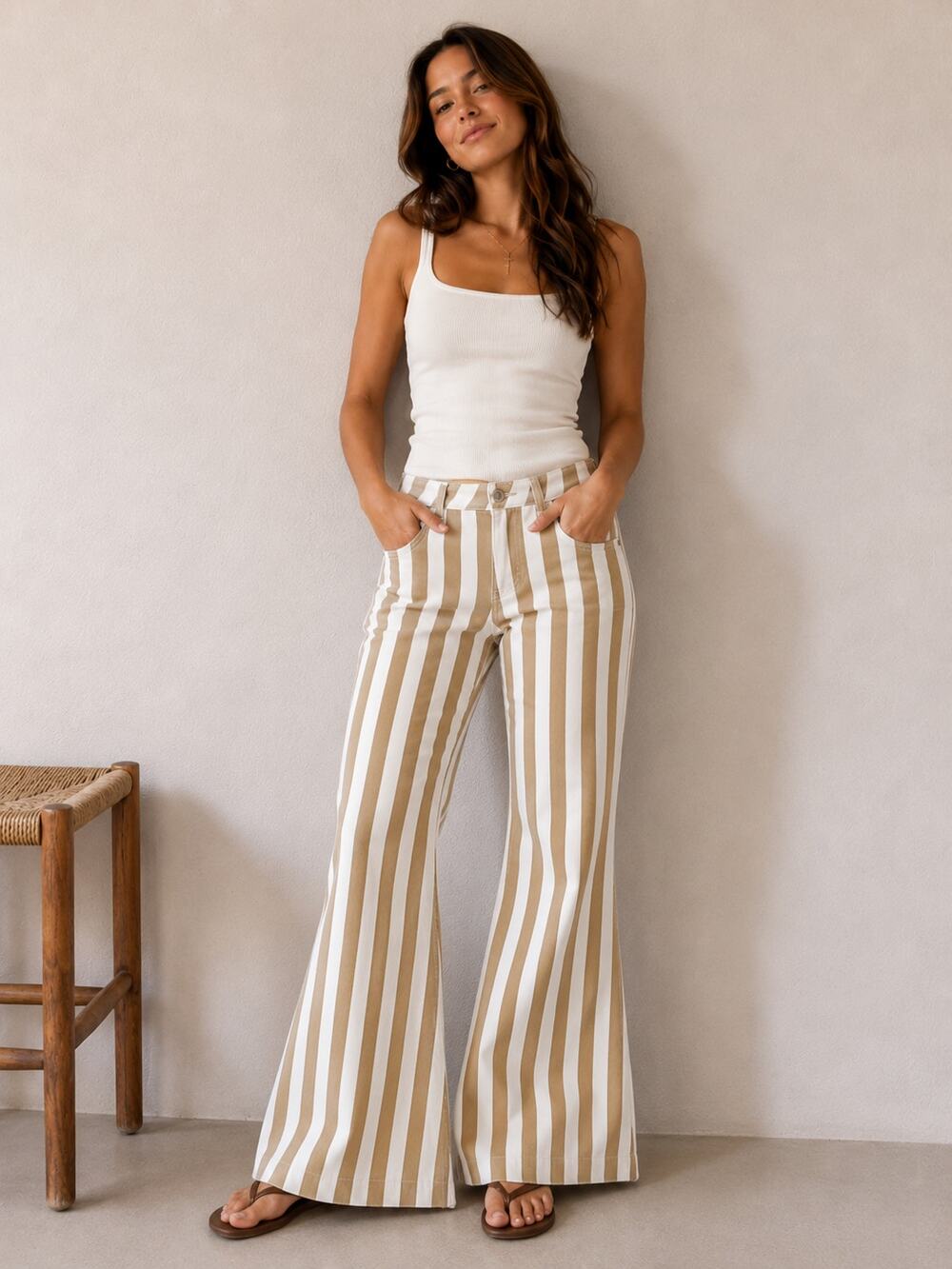 Arula Vertical Stripe Flared Pants Tan White Womens Size 14 Retro 70s Boho